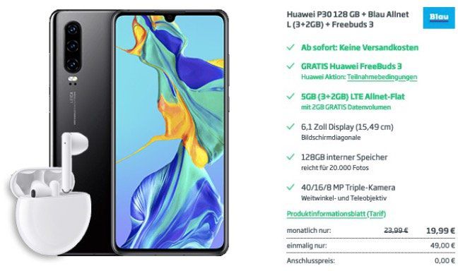 Huawei P30 128GB + FreeBuds 3 für 49€ (statt 529€) + Blau.de o2 Allnet Flat mit 5GB LTE für 19,99€ mtl.