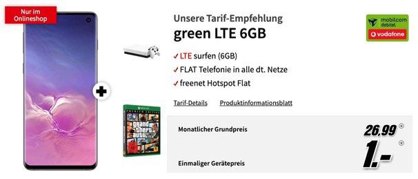 🔥 Galaxy S10 + Xbox One X 1TB + GTA5 nur 1€ + Vodafone Flat mit 6GB LTE50 für 26,99€ mtl.