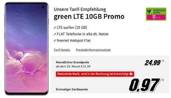 Samsung Galaxy S10 für 0,97€ + Telekom Flat mit 10GB LTE für 24,99€ mtl.