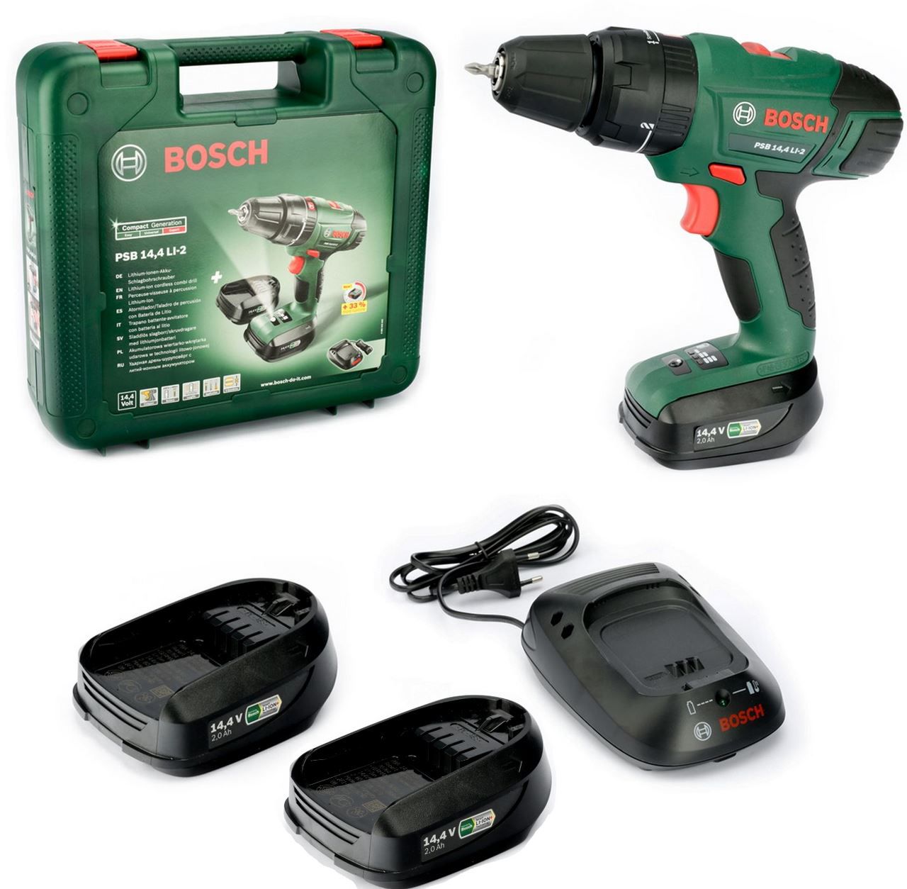 Bosch PSB 14,4 LI 2 Schlagbohrmaschine mit 2 Akkus 1,5 Ah + 1 x 2Ah Akku für 111€ (statt 155€)