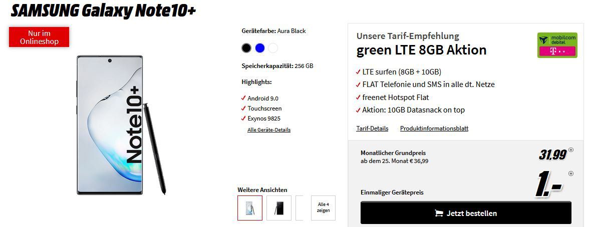 Samsung Galaxy Note 10 Plus für 1€ + 18GB LTE Telekom Magenta Mobil für 31,99€ mtl.