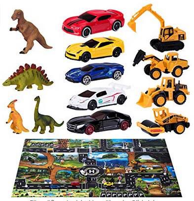 40tlg Spielzeugset bestehend aus 9 Autos, 12 Dinos, 18 Schilder & Spielteppich für 12,99€ (statt 26€)