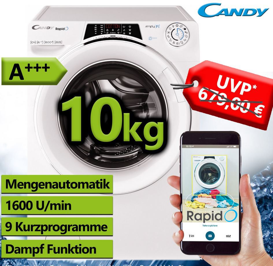 Candy RO 16106DWHC7/1 S   WiFi Waschmaschine 10Kg max. 1.600 U/min. Steam A+++ für 309,90€ (statt 469€)