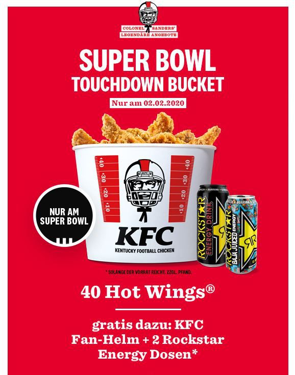 Heute: KFC Touchdown Bucket mit 40 Hot Wings + 2 Dosen Rockstar Energy + KFC Fan Helm für 24,99€ (statt 34€)