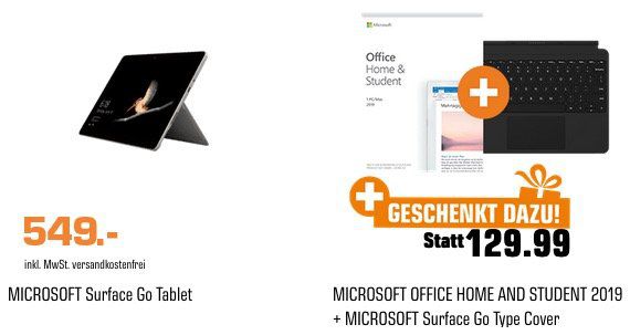 Saturn Geschenke für Alle Aktion   z.B. Surface Go Tablet 128GB + Type Cover + Office 2019 für 549€ (statt 747€)