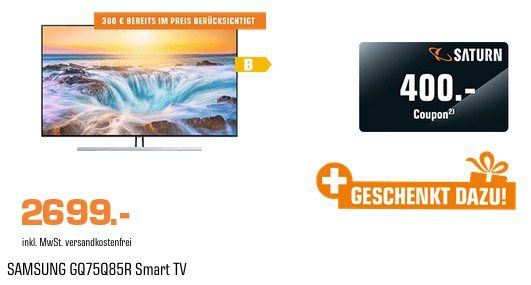 Samsung QLED 75 Zoll 4K UltraHD Smart Fernseher für 2.699€ (statt 2.870€) + noch 400€ Saturn Gutschein