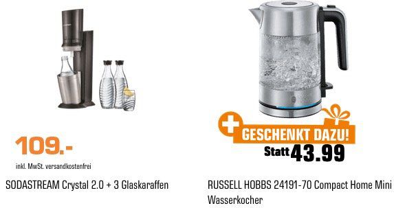 Vorbei! SodaStream Crystal 2.0 Titan mit 3 Glaskaraffen + Russell Hobbs Wasserkocher für 109€ (statt 142€)