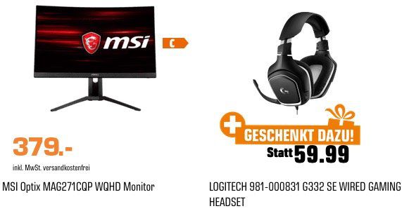 MSI Optix WQHD Monitor (1ms, FreeSync) + Logitech Gaming Headset G332 SE für 379€ (statt 437€)