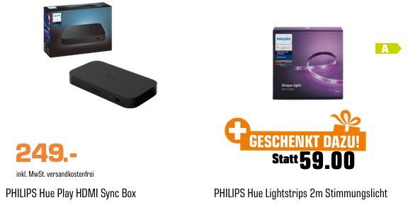 Philips Hue Play HDMI SyncBox + Hue LED Streifen Weiß in 2 Meter für 249€ (statt 303€)