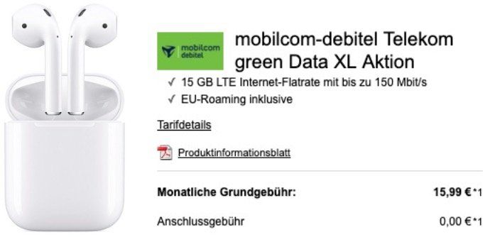 Telekom Daten Flat mit 15GB LTE150 für 15,99€ mtl.   dazu z.B. Apple Airpods 2 für 49€