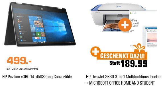 HP Pavilion x360 Convertible mit 8GB und 512GB SSD inkl. DeskJet 2630 und Office 2019 für 499€ (statt 551€)