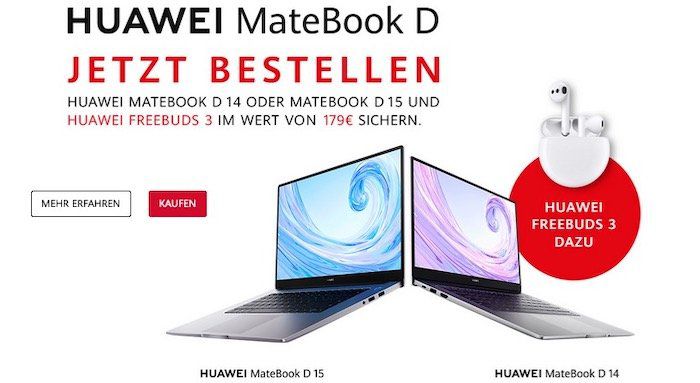 Huawei MateBook D kaufen & FreeBuds 3 (Wert 137€) gratis   z.B. Modell D 14 mit Freebuds 3 für 699€ (statt 836€)