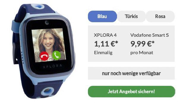 Abgelaufen! Kinder Smartwatch Xplora 4 für 1,11€ mit Vodafone Smart S mit 250MB LTE, 50 Minuten und 200 SMS für 9,99€ mtl.