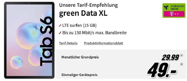 Samsung Galaxy Tab S6 256GB LTE für 49€ + Telekom Datentarif mit 15GB LTE für 29,99€ mtl.