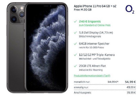 Apple iPhone 11 Pro 64GB für 49€ + o2 Flat mit 20GB LTE für 54,99€ mtl.