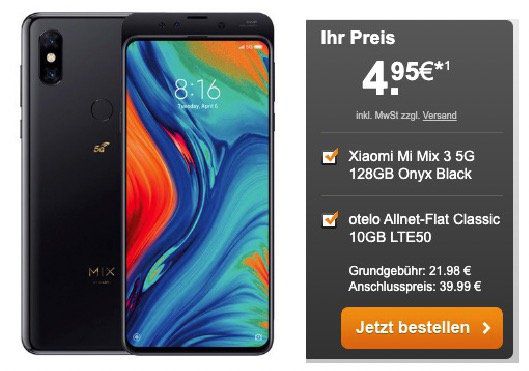 Xiaomi Mi Mix 3 5G für 4,95€ + Vodafone Flat mit 10GB LTE für 21,98€ mtl.