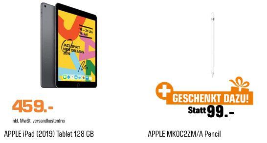 Apple iPad (2019) 10.2 128GB Wifi + Apple Pencil inkl. 1 Jahr AppleTV+ für 459€ (statt 499€)