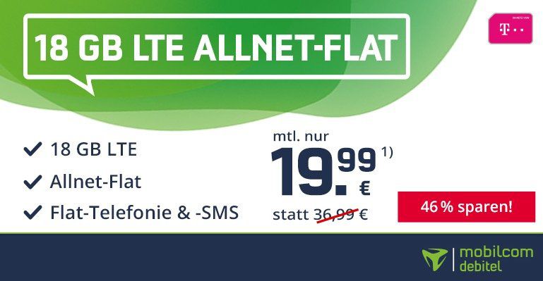 Endet heute! Telekom Flat mit 18GB LTE für nur 19,99€ mtl. (statt 37€)   4 Monate Deezer + eSIM + VoLTE möglich!