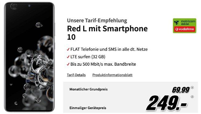 Galaxy S20 Ultra 128GB für 249€ mit Vodafone Allnet Flat mit 32GB LTE500 für 69,99€ mtl.