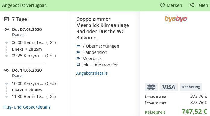 7ÜN auf Korfu im super 3* Hotel mit HP, Meerblick, Flügen und Transfers ab 373,76€ p.P. im DZ