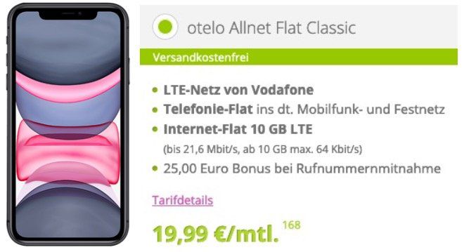 Apple iPhone 11 64GB für 18,95€ mtl. mit Vodafone Allnet Flat mit 10GB LTE21,6 für 19,99€