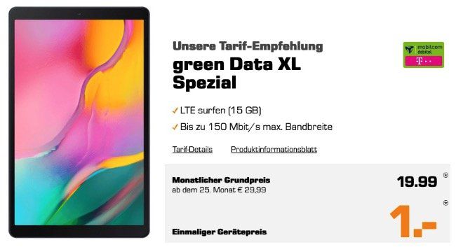 Samsung Galaxy Tab A 10.1 LTE (2019) für 1€ und Telekom Daten Flat inkl. 15GB LTE 150 Mbit für 19,99€ mtl.