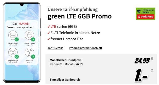 Huawei P30 Pro 128GB für 1€ mit Vodafone Allnet Flat mit 6GB LTE50 für 24,99€ mtl.