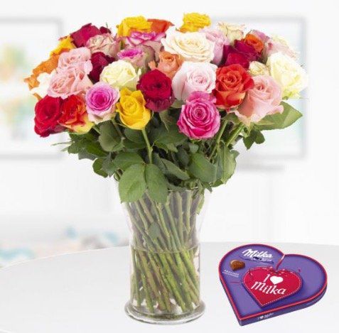 40 bunte Rosen +  I love Milka Pralines + Grußkarte für nur 25,90€