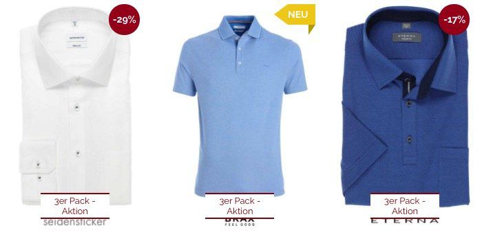 Hemden.de: Dreierpack Hemden & Poloshirts aller Marken (Olymp, Eterna, Seidensticker etc.) für 119,95€