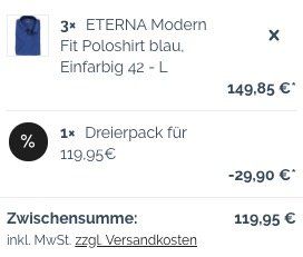 Hemden.de: Dreierpack Hemden & Poloshirts aller Marken (Olymp, Eterna, Seidensticker etc.) für 119,95€