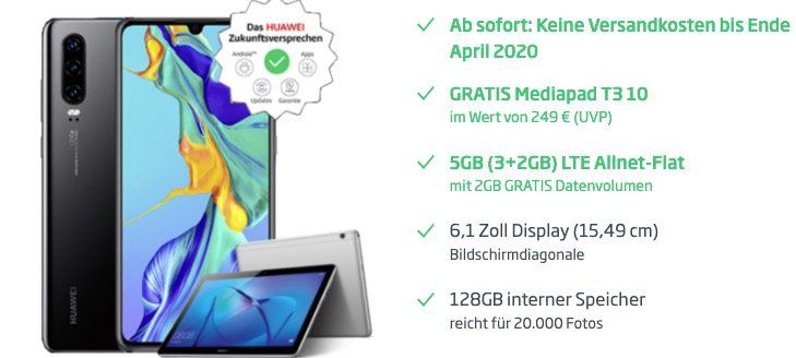 Huawei P30 128GB + MediaPad T3 10 für 49€ + o2 Flat mit 5GB LTE für 22,99€ mtl.