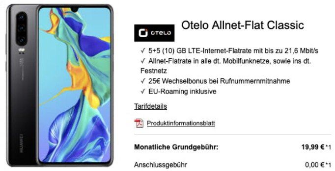 Huawei P30 128GB + FreeBuds 3 für 15€ + Vodafone Allnet Flat mit 10GB LTE für 19,99€ mtl.