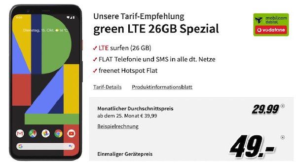 Google Pixel 4 XL für 49€ + Vodafone Flat mit 26GB LTE (!) für 29,99€ mtl.