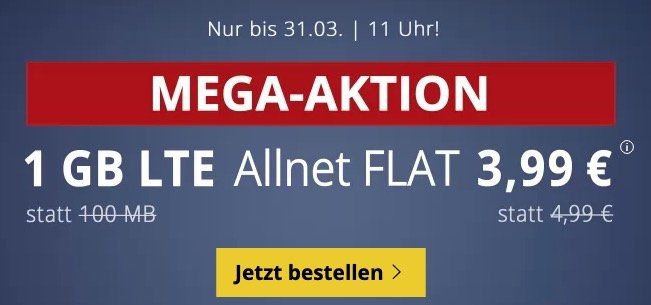 o2 Allnet Flat mit 1GB LTE für 3,99€ mtl. + keine Laufzeit