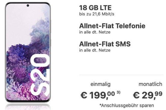 Telekom Allnet Flat mit 6GB ab 9,99€ oder 18GB für 29,99€   mit Top Smartphone z.B. Samsung Galaxy S20