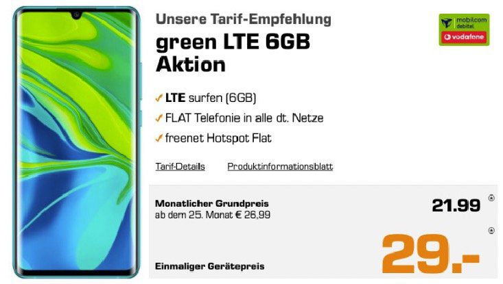 Nur 9x: XIAOMI Mi Note 10 Pro 256GB in Weiß für 29€ + Vodafone Flat mit 6GB LTE für 21,99€ mtl.