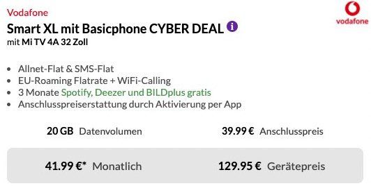 Xiaomi Mi 10 128GB + 32 Xiaomi TV für 129,95€ + Vodafone Flat mit 20GB LTE für 41,99€ mtl.