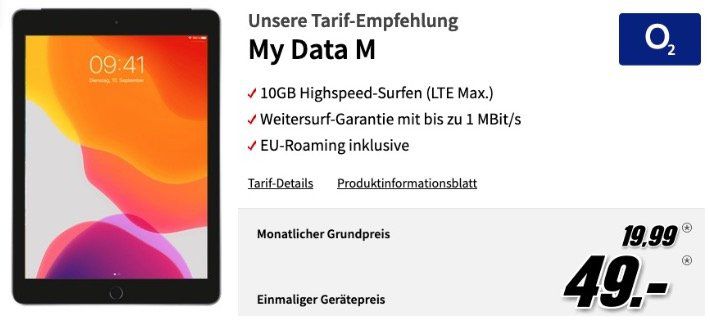 Nur 11x! Apple iPad 2019 mit 32GB & LTE für 49€ + o2 Daten Flat mit 10GB LTE Max für 19,99€ mtl.