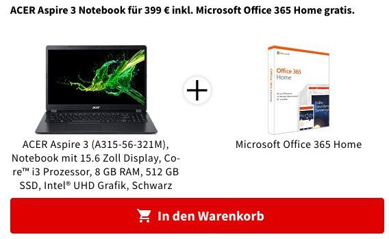 Knaller! 🔥 ACER Aspire 3 mit 15.6 (Core i3, 8GB, 512GB SSD) inkl. Office 365 Home ab 375€ (statt 554€)   20€ Coupon bei Mastercard