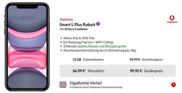 Apple iPhone 11 64GB für 99,95€ + Vodafone Flat mit 13GB für 36,99€ mtl. (Gigakombi mgl. mit 18GB) + 40€ Cashback