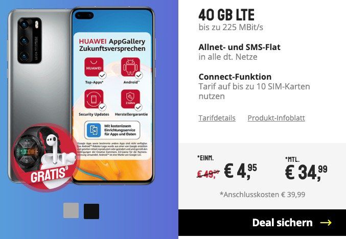 Huawei P40 + FreeBuds 3 + Watch GT 2E für 4,95€ + o2 Flat mit 40GB LTE (!) für 34,99€ mtl.