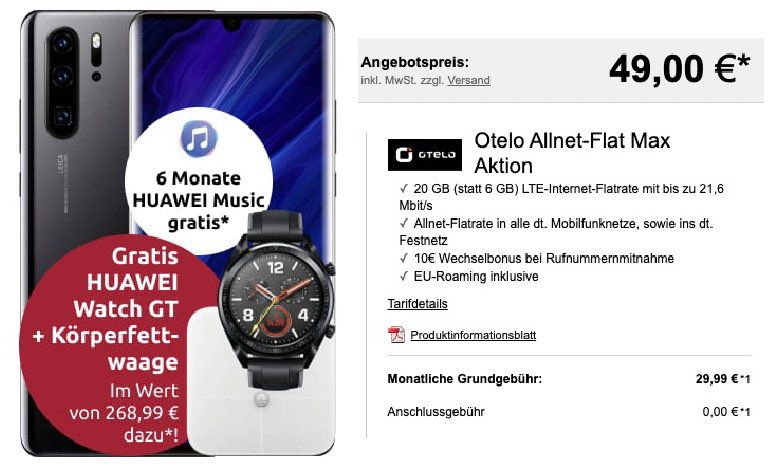 Huawei P30 Pro New Edition + Watch GT + Waage + 6 Monate Huawei Music für 49€ + Vodafone Flat mit 20GB LTE für 29,99€ mtl.