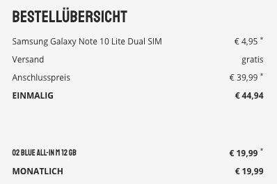 Knaller! 🔥 Samsung Galaxy Note 10 Lite für 4,95€ + o2 Flat mit 12GB LTE für 19,99€ mtl.