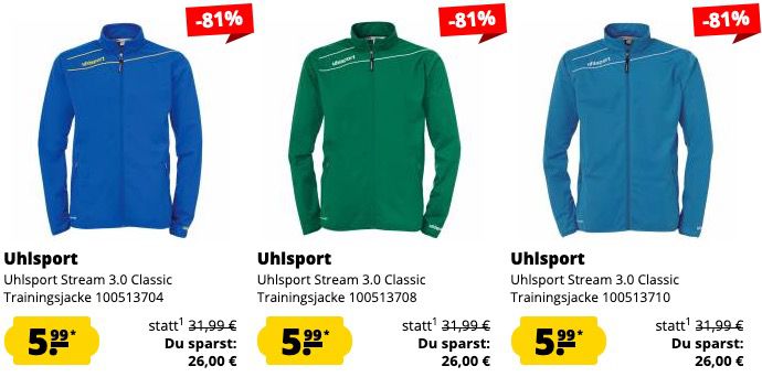 Uhlsport Sale bei SportSpar ohne VSK   z.B. Uhlsport Stream 3.0 Präsentationsjacke ab 9,94€