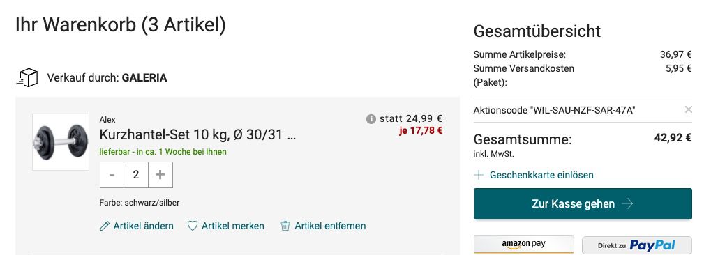Alex Kurzhantel mit 10kg für 30,94€ (statt 44€) oder 2er Set für 42,92€