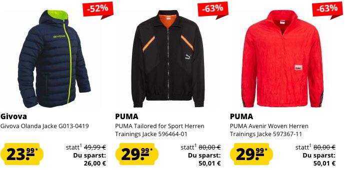 SportSpar Jacken Sale ab 8,99€ je Jacke + keine VSK + 5€ Gutschein ab 60€