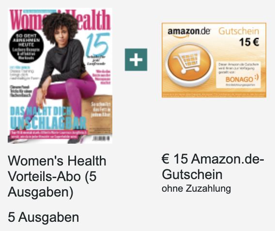 5 Ausgaben Womens Health für 19,50€ + Prämie: 15€ Amazon Gutschein