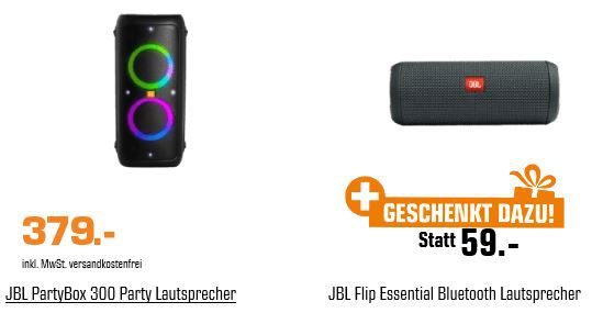 JBL PartyBox 300 Party Lautsprecher + JBL Flip Essential Bluetooth Lautsprecher für 379€ (statt 431€)