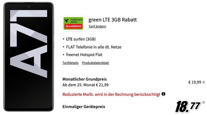 Samsung Galaxy A71 128GB für 18,77€ + Vodafone Flat mit 3GB LTE für 19,99€ mtl.