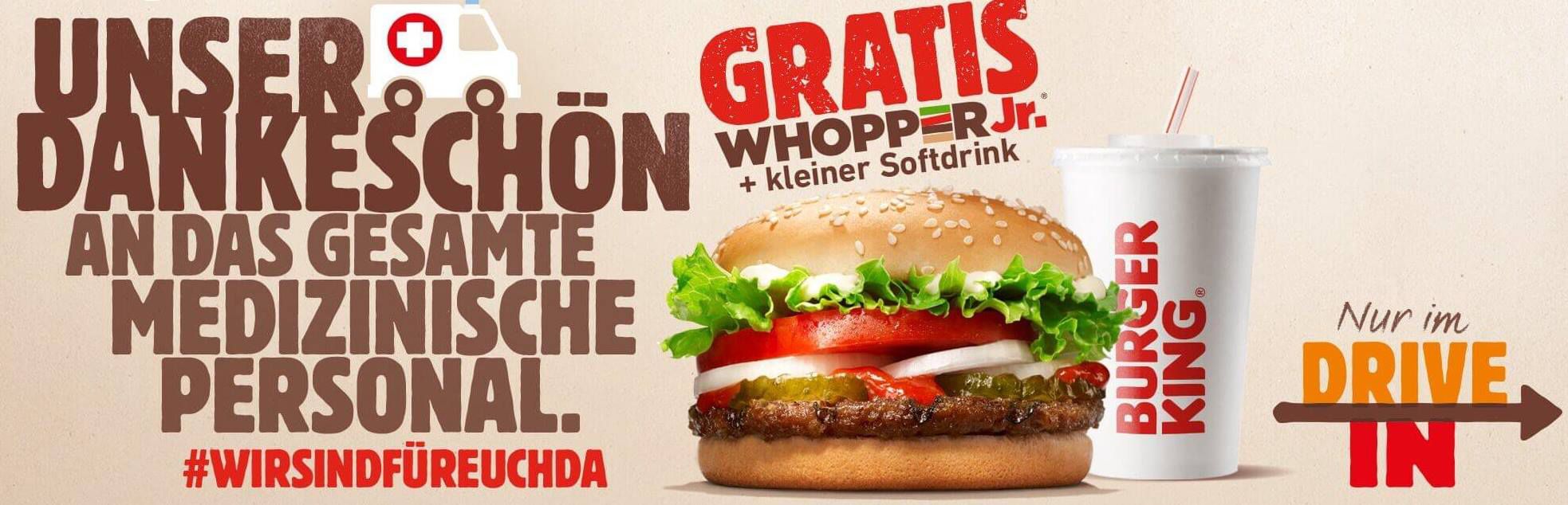 Burger King   Whopper Jr. + Softdrink geschenkt für Arbeitstätige im Gesundheitswesen